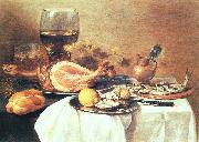 Pieter Claesz A ham, a herring, oysters, a lemon, bread, onions, grapes and a roemer oil painting